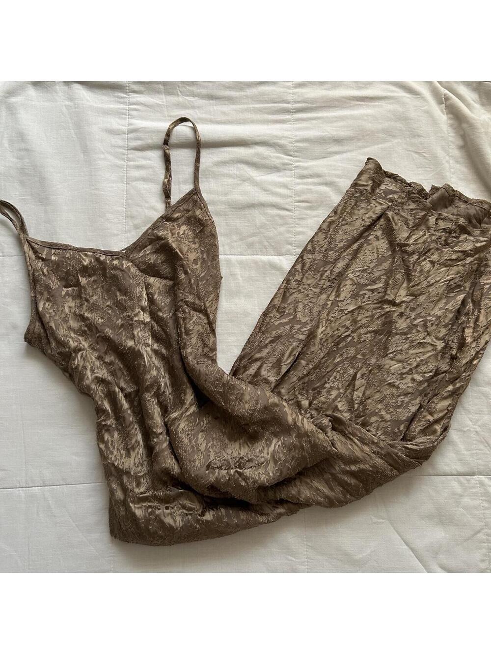 Dress Forum Bronze Tan Jacquard Slip Maxi Dress Satin Y2K Size M